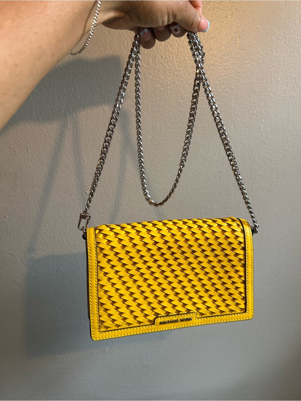 Michael Kors Yellow Woven-Pattern Crossbody with Silver Chain